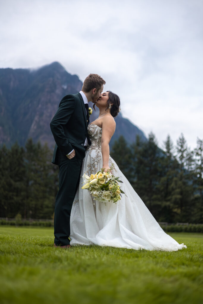 Wedding portrait in front of the mountains
